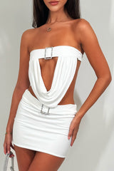 white  bandeau top and mini skirt with silver buckle tow piece holiday festival outfit