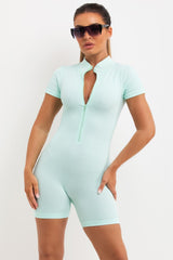 zip front seamless unitard with short sleeves