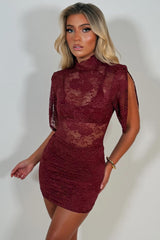 burgundy high neck lace dress with short sleeve styledup uk