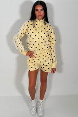 womens yellow airport outfit short tracksuit in trendy polka dot print styledup uk