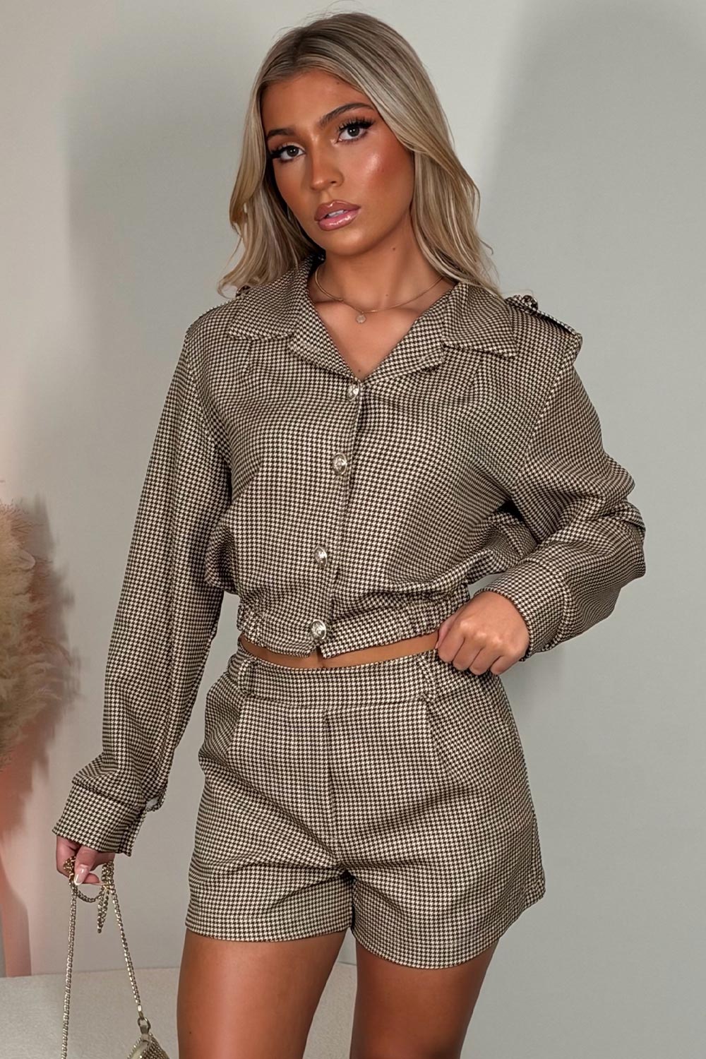womens gold button checked top and shorts two piece co ord set
