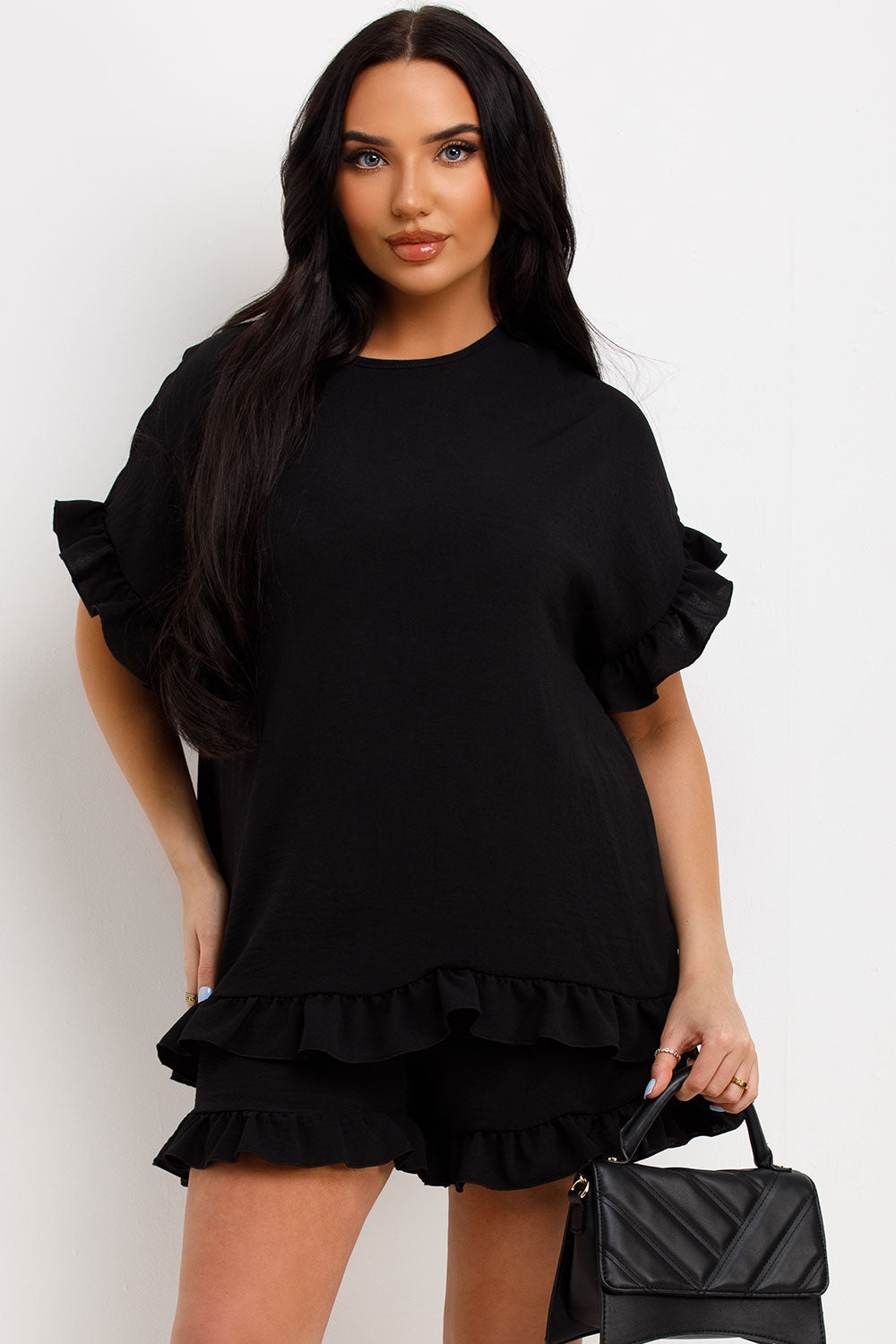 womens frilly ruffle blouse and shorts two piece co ord set 