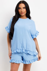 sky blue ruffle frilly shorts and blouse two piece set