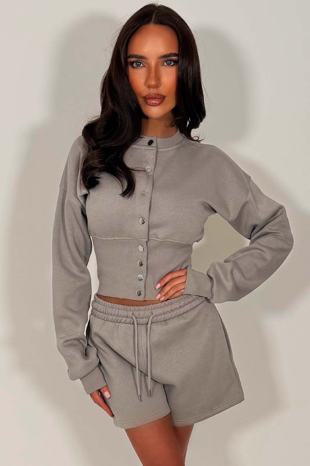 crop corset compress waist sweatshirt and shorts co ord set airport summer holiday outfit set whitefox uk