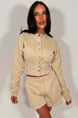 womens crop corset button up sweatshirt and shorts tracksuit set styledup whitefox uk