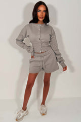 button up compress waist cinched crop corset crop sweatshirt and shorts tracksuit airport outfit co ord whitefox uk