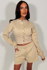 womens crop button up sweatshirt and shorts co ord set summer holiday tracksuit sale styledup whitefox uk sale