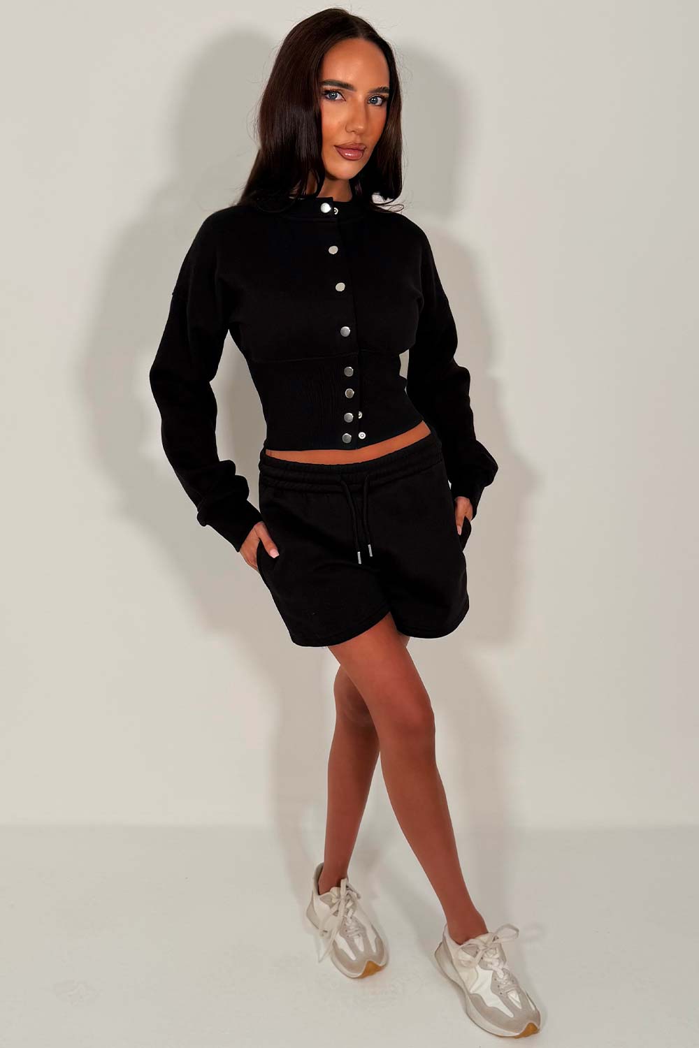womens crop button up sweatshirt and shorts co ord set summer holiday tracksuit sale styledup whitefox uk sale