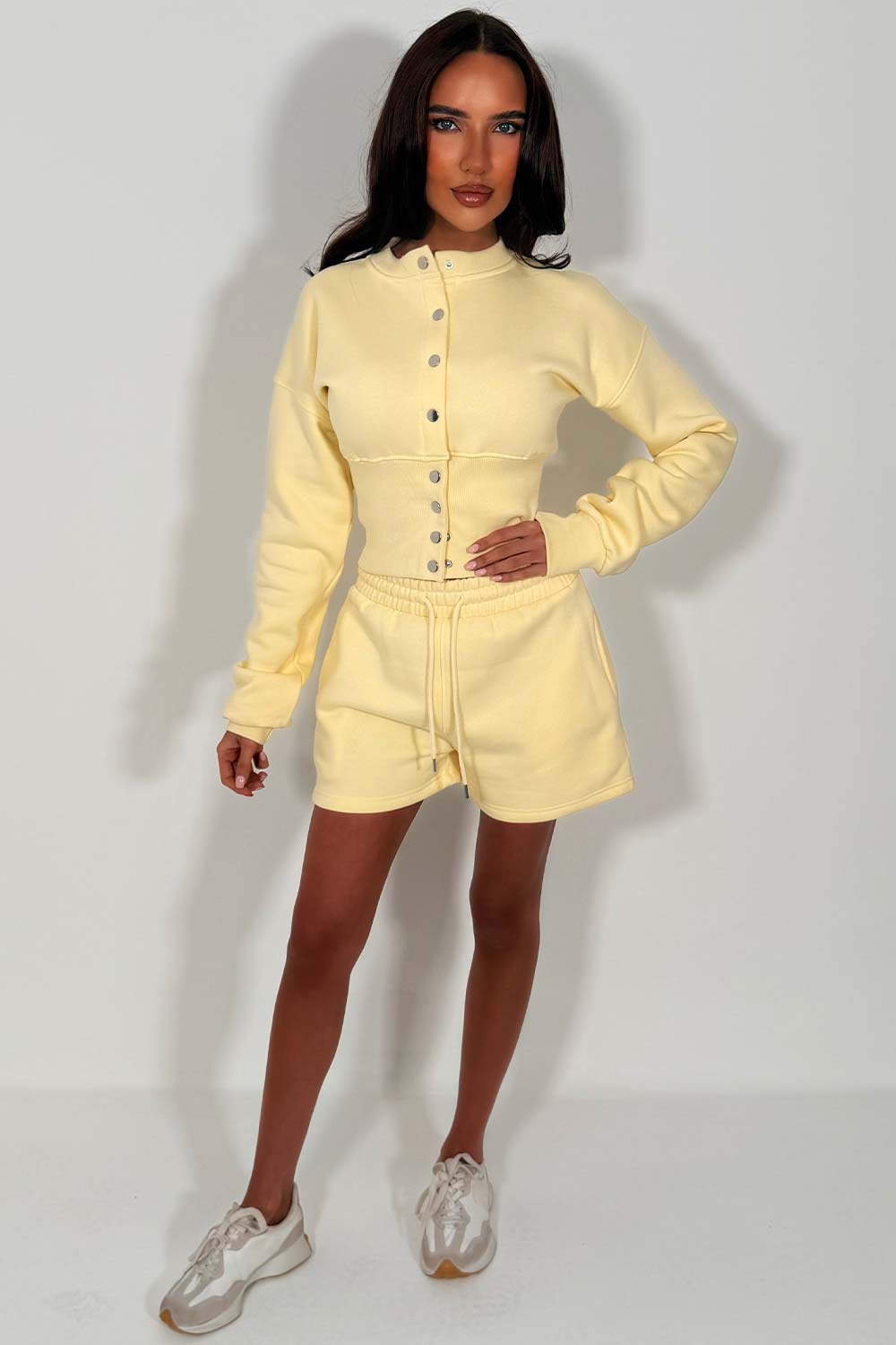 womens crop button up sweatshirt and shorts co ord set summer holiday tracksuit sale styledup whitefox uk sale