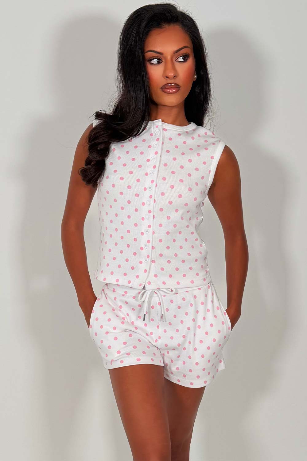 polka dot button up sleeveless top and shorts two piece summer tracksuit womens holiday lounge set outfit styledup uk