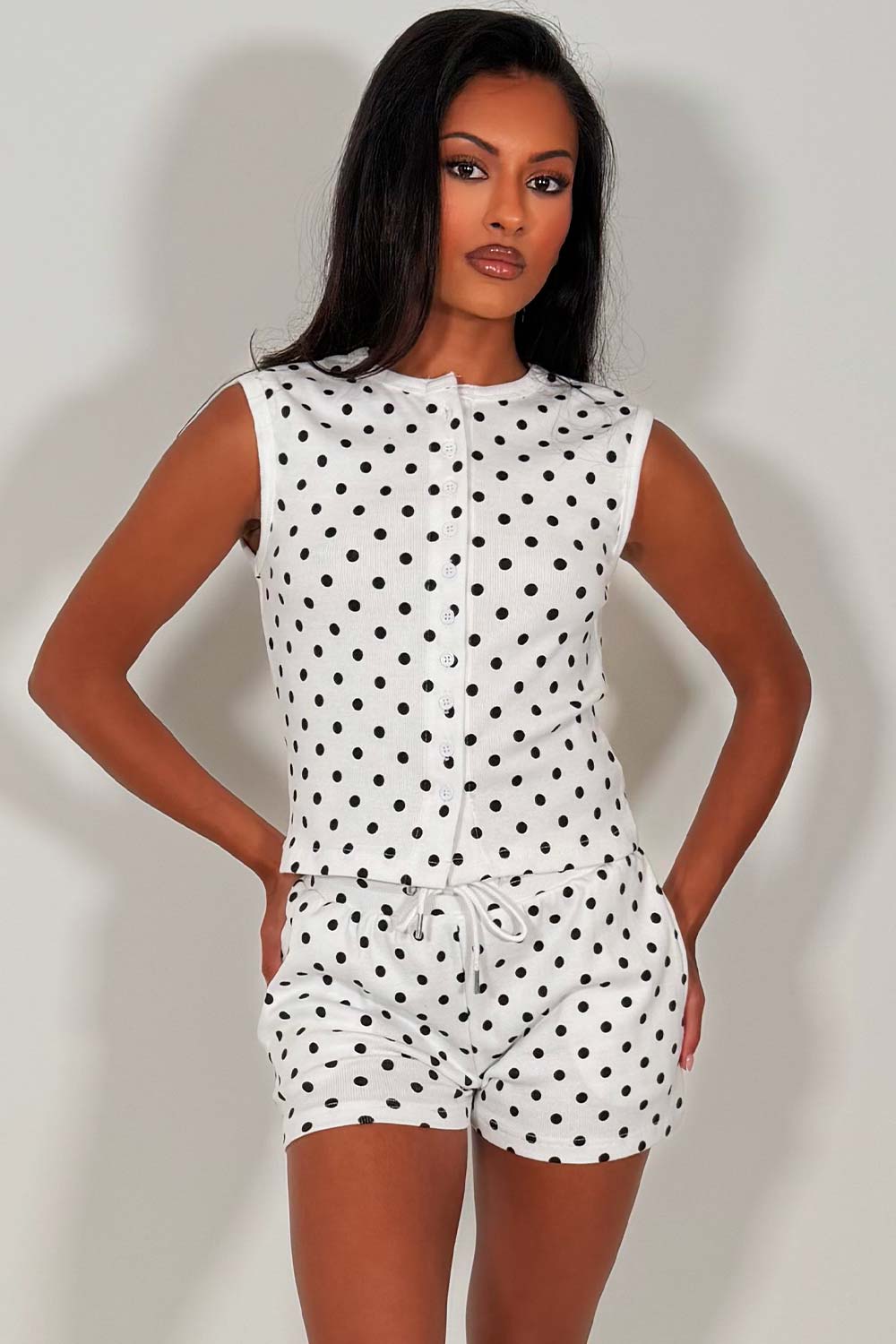polka dot button up sleeveless top and shorts two piece summer tracksuit womens holiday lounge set outfit styledup uk