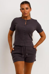 button up rib top and shorts loungewear set 