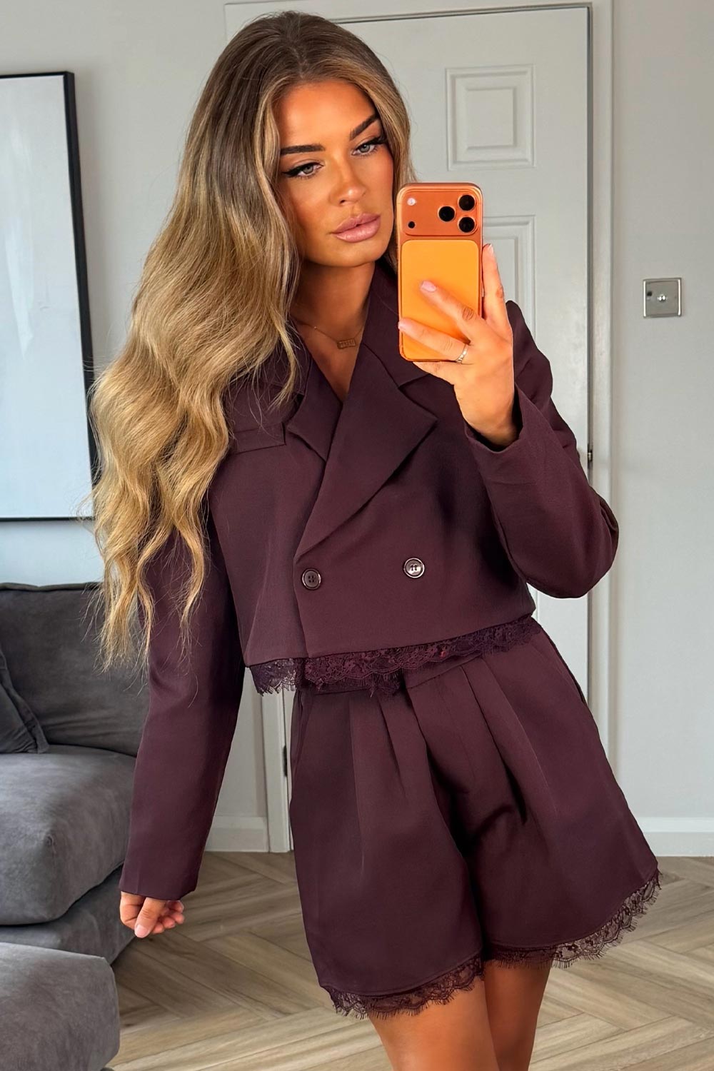 shorts and blazer jacket with lace trim night out occasion christmas party outfit uk