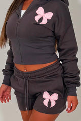 womens bow detail crop corset hoodie and shorts co ord set airport summer holiday outfit set uk