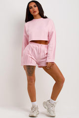 womens crop sweatshirt and shorts two piece tracksuit set 