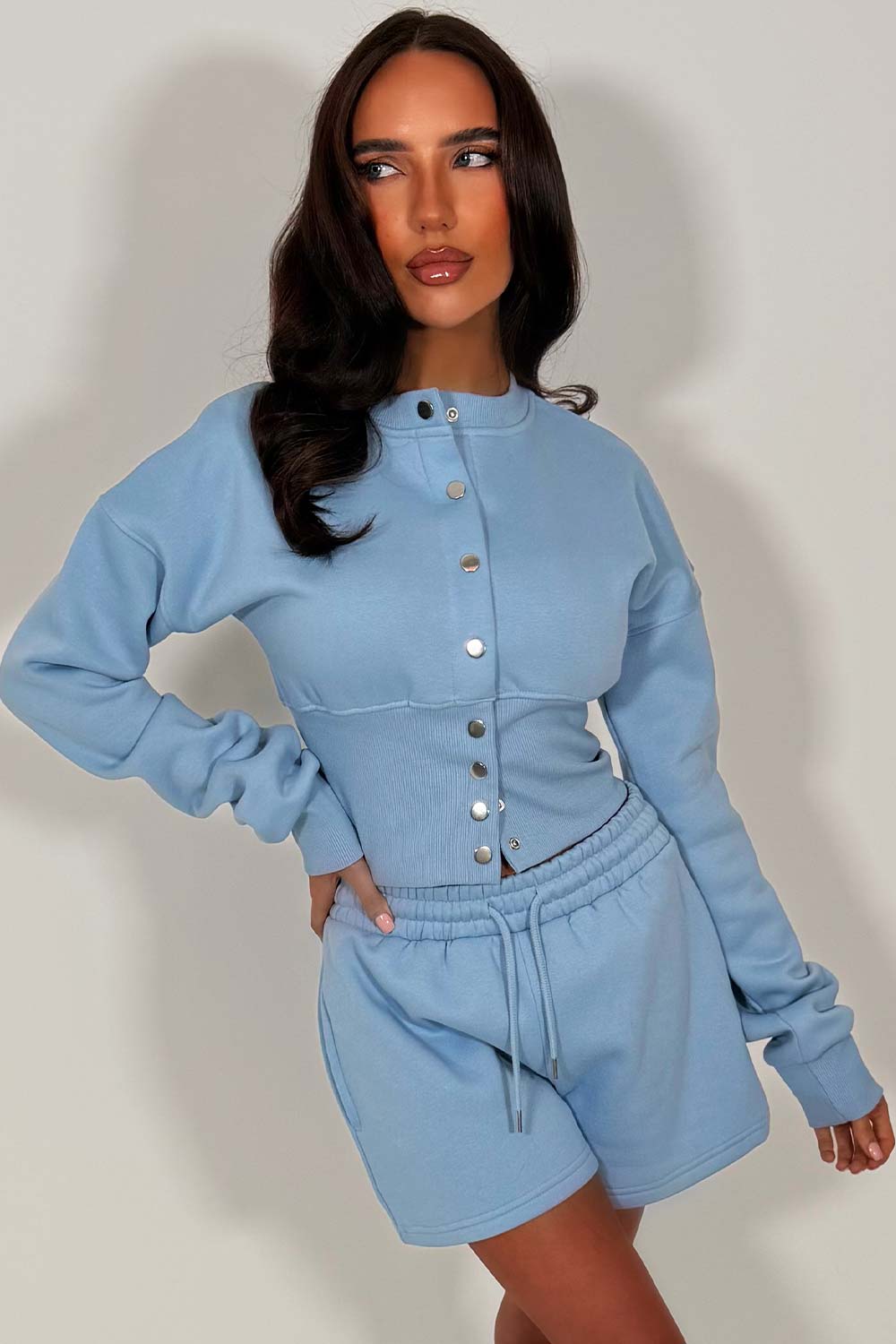 womens crop corset button up sweatshirt and shorts tracksuit set styledup whitefox uk