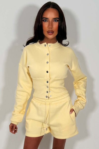 womens crop corset button up sweatshirt and shorts tracksuit set styledup whitefox uk