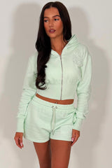 crop hoodie with cinched waist and shorts tracksuit with embroidery detail two piece co ord set airport outfit womens uk