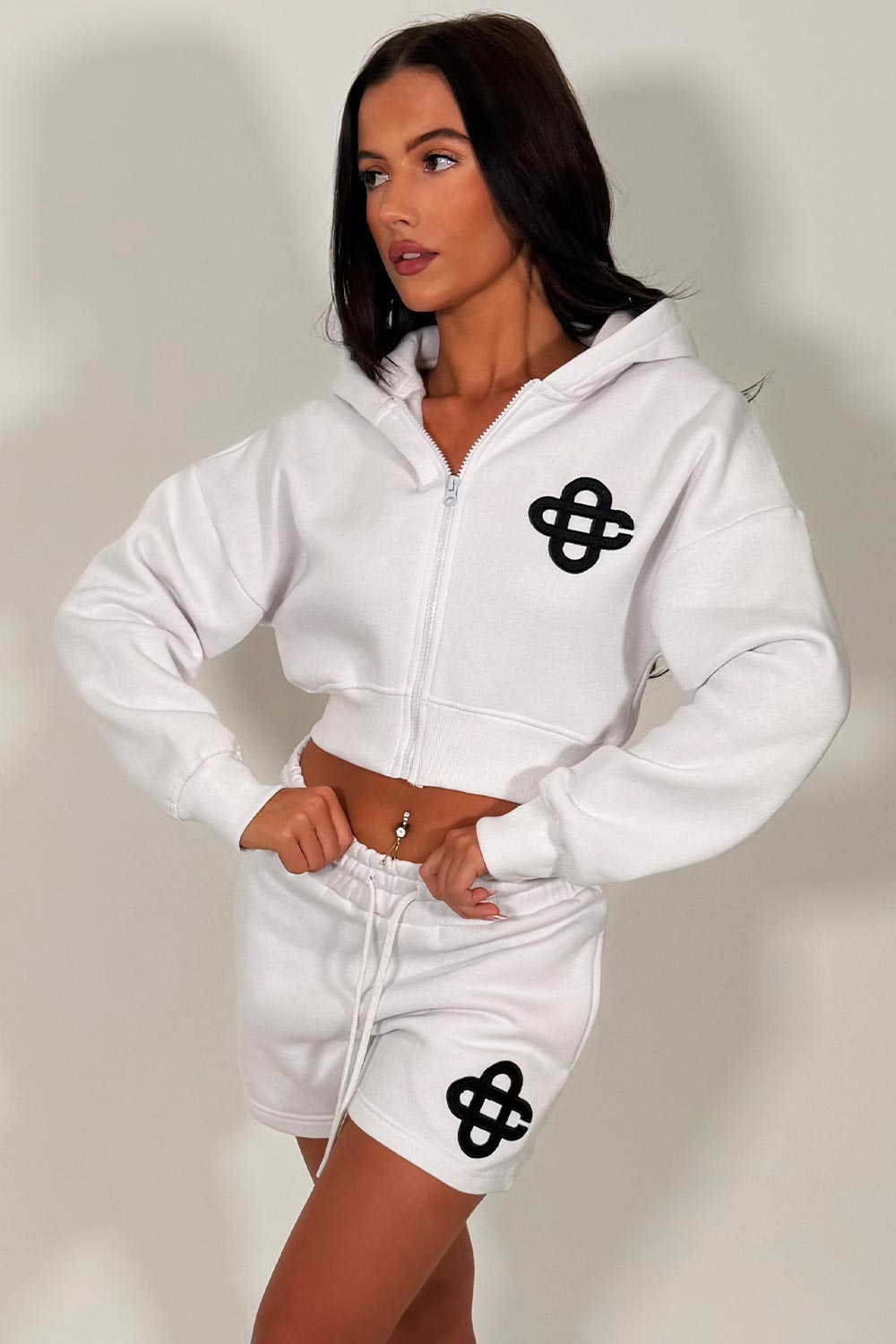 womens crop hoodie and shorts tracksuit co ord set styledup white fox uk