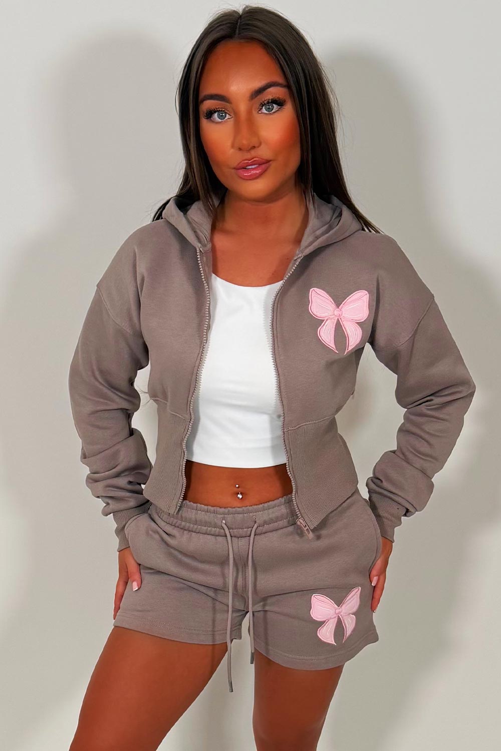 womens crop corset hoodie and shorts tracksuit bow embroidery set styledup uk airport outfit