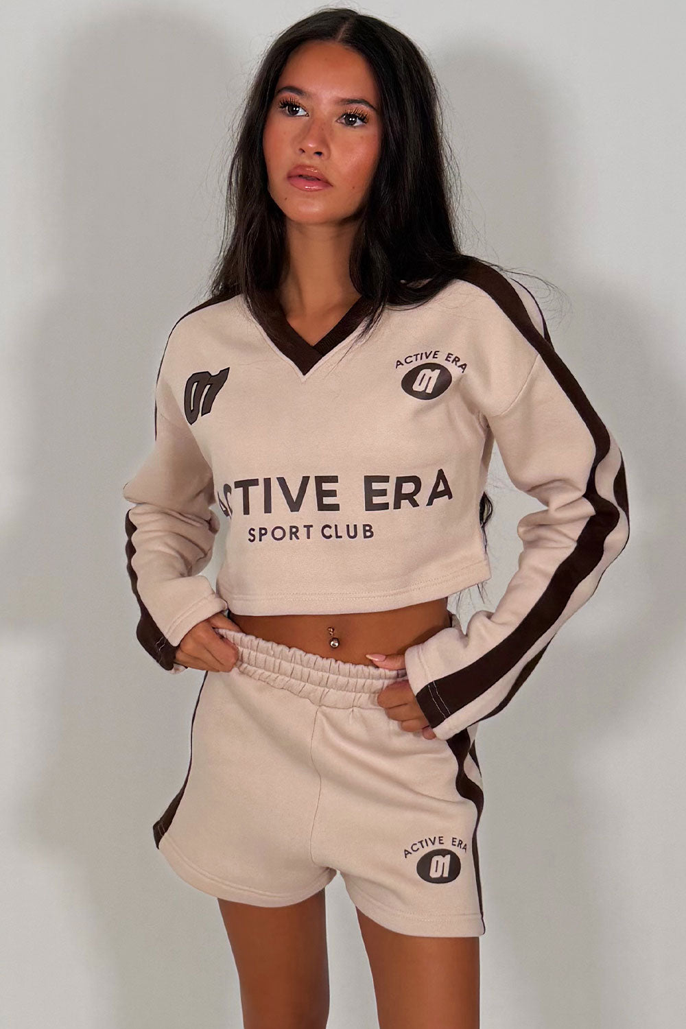 beige crop tracksuit shorts and long sleeve sweatshirt two piece set styledup uk