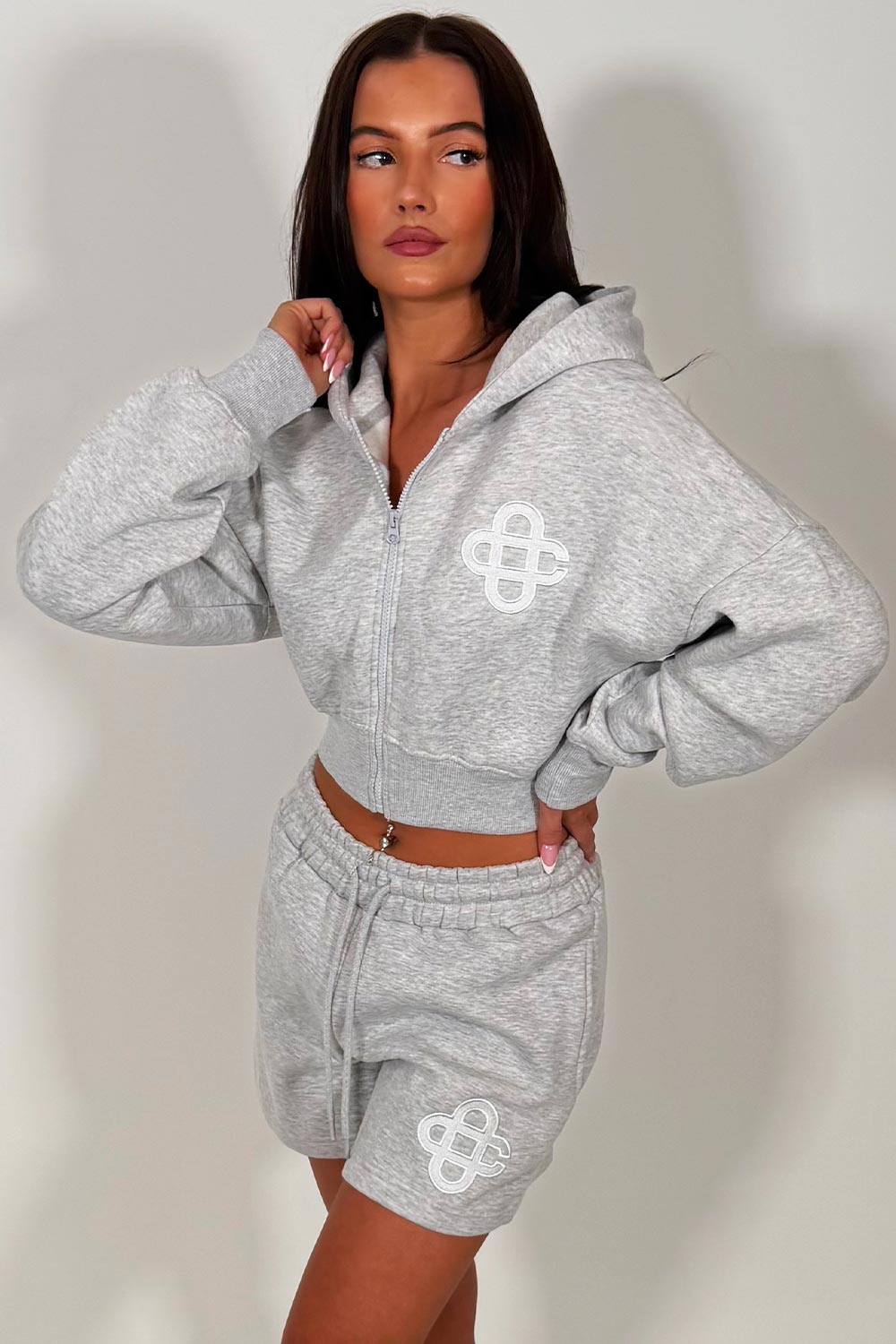 womens embroidery detail crop hoodie and shorts co ord set airport summer holiday outfit set uk