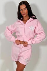womens embroidery detail crop hoodie and shorts co ord set summer holiday tracksuit sale styledup uk
