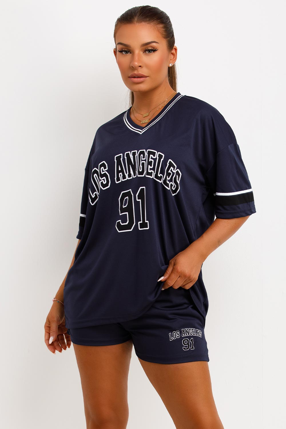 womens los angeles slogan oversized jersey t shirt and shorts two piece co ord set 
