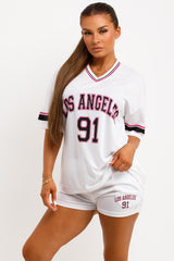 womens los angeles slogan oversized jersey t shirt and shorts two piece co ord set 