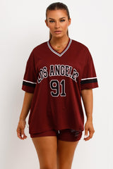 womens los angeles slogan oversized jersey t shirt and shorts two piece co ord set 