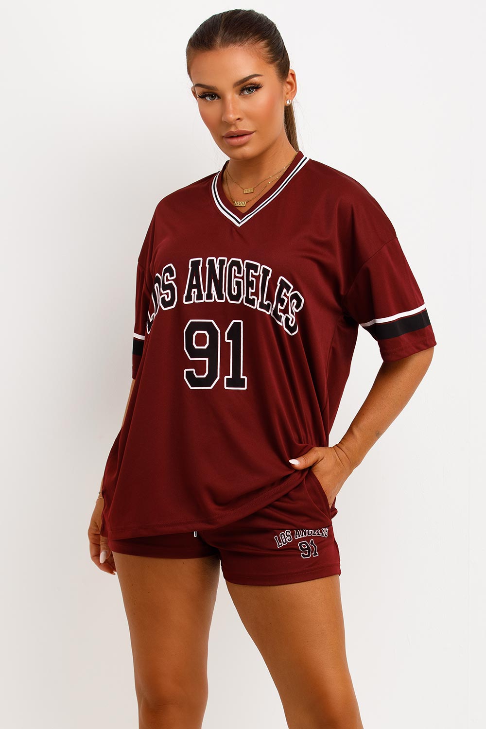 womens football jersey t shirt with los angeles print and matching shorts two piece co ord set matching outfit 