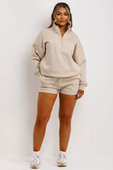 womens runner shorts and half zip jumper tracksuit lounge set airport outfit uk