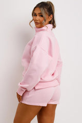 womens pink half zip sweatshirt and shorts tracksuit set