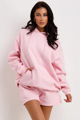 pink hoodie and shorts loungewear set tracksuit