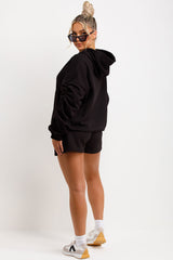 womens ruched sleeve hoodie and shorts tracksuit lounge set airport outfit