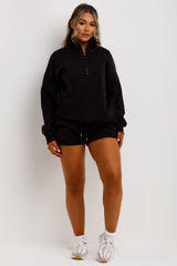 womens black summer tracksuit sweatshirt with half zip and shorts lounge set