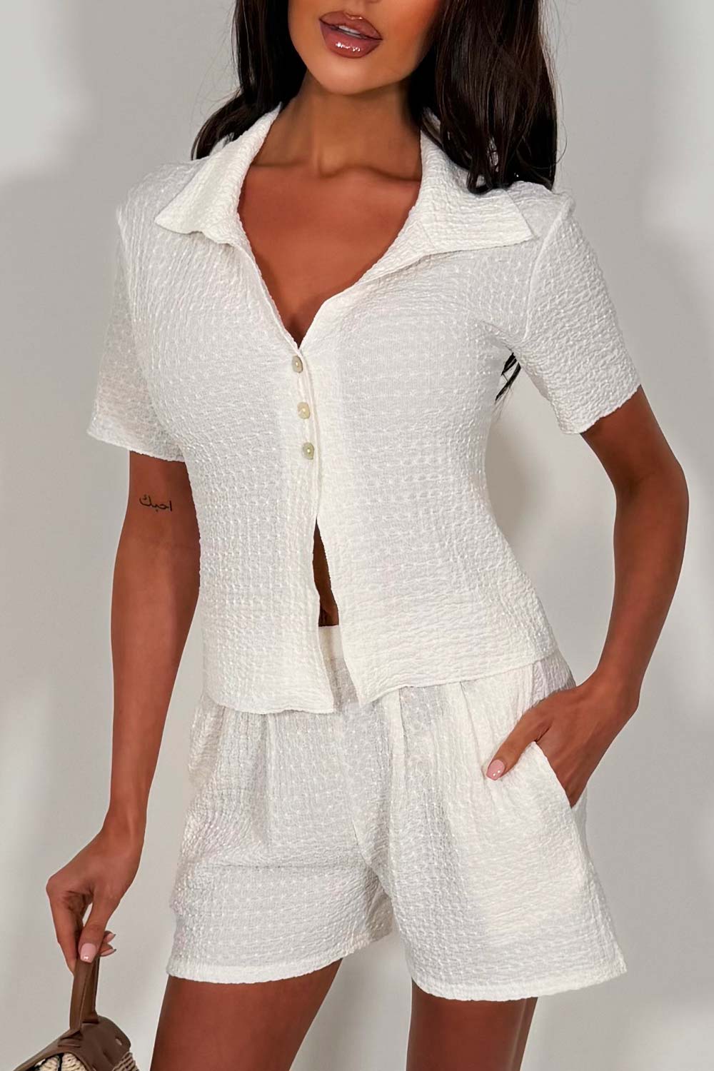 womens white textured top and shorts summer holiday outfit styledup zara uk