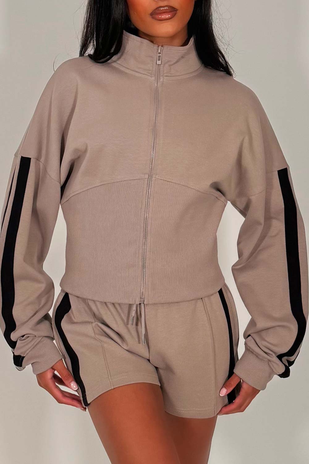 womens zip up sweatshirt and shorts two piece airport outfit styledup whitefox uk