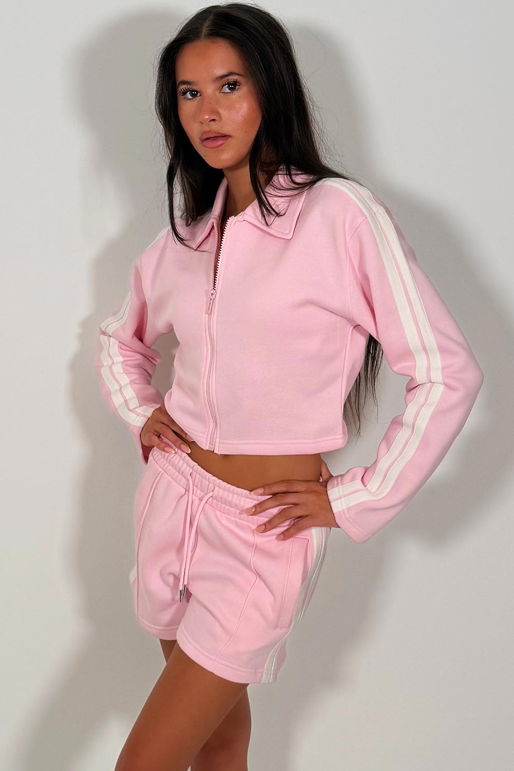 womens tracksuit shorts set long sleeve crop zip through sweatshirt and elasticated waist shorts summer holiday airport outfit styledup uk
