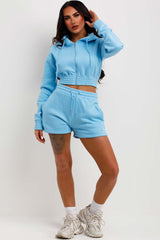 shorts and crop zip hoodie tracksuit set sky blue loungewear set