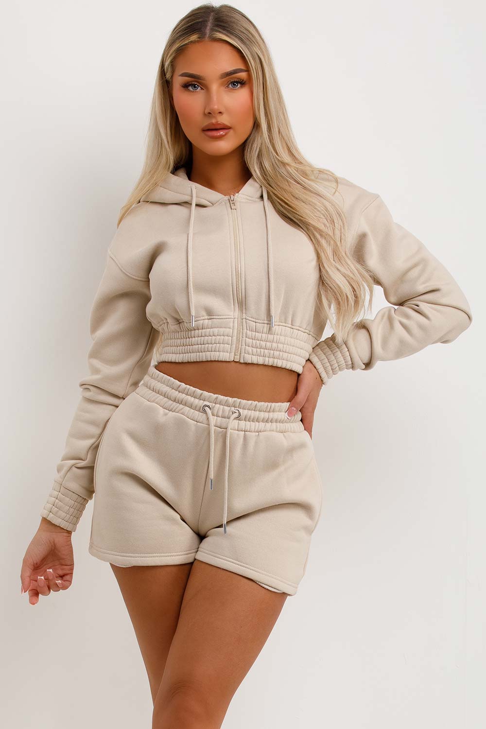 womens crop zip hoodie and shorts tracksuit co ord set summer loungewear