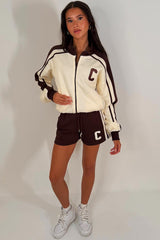 womens brown and cream short tracksuit summer lounge set trendy airport outfit styledup uk