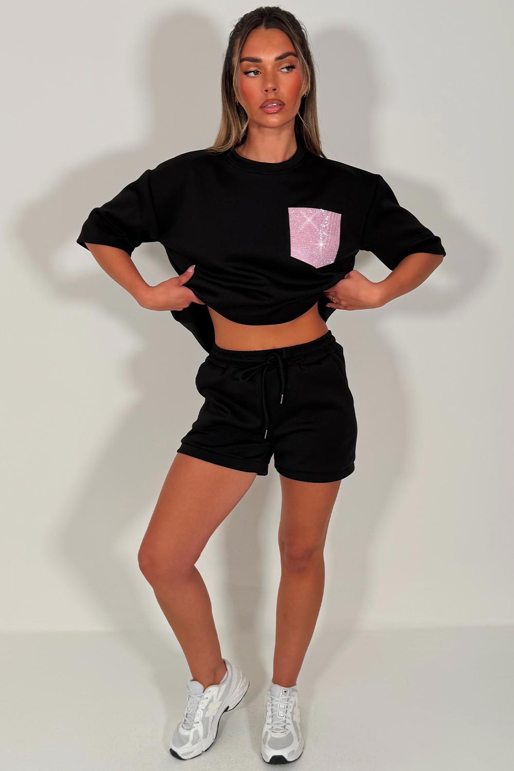 womens shorts tracksuit pink diamante rhinestone contrast pocket summer holiday airport outfit styledup uk white fox