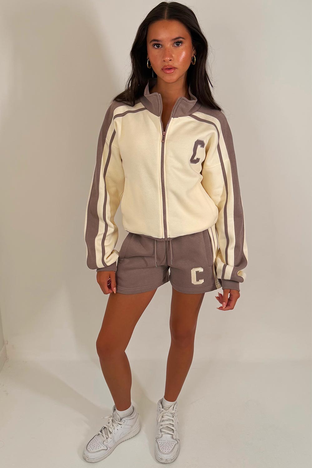 womens zip up shorts tracksuit lounge set airport outfit styledup