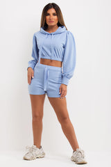 puff sleeve crop hoodie with ribbon drawstrings and shorts co ord