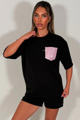 pink diamante rhinestone pocket tee shirt and shorts co ord set womens airport outfit uk styledup