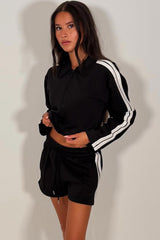 short tracksuit set womens crop zip up sweatshirt and shorts two piece co ord with contrast side stripes airport outfit styledup uk