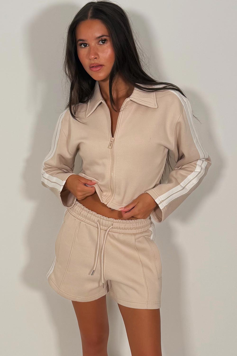 short tracksuit set womens crop zip up sweatshirt and shorts two piece co ord with contrast side stripes airport outfit styledup uk