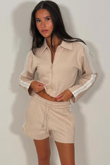 short tracksuit set womens crop zip up sweatshirt and shorts two piece co ord with contrast side stripes airport outfit styledup uk