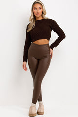 womens faux leather high waist leggings brown styledup 